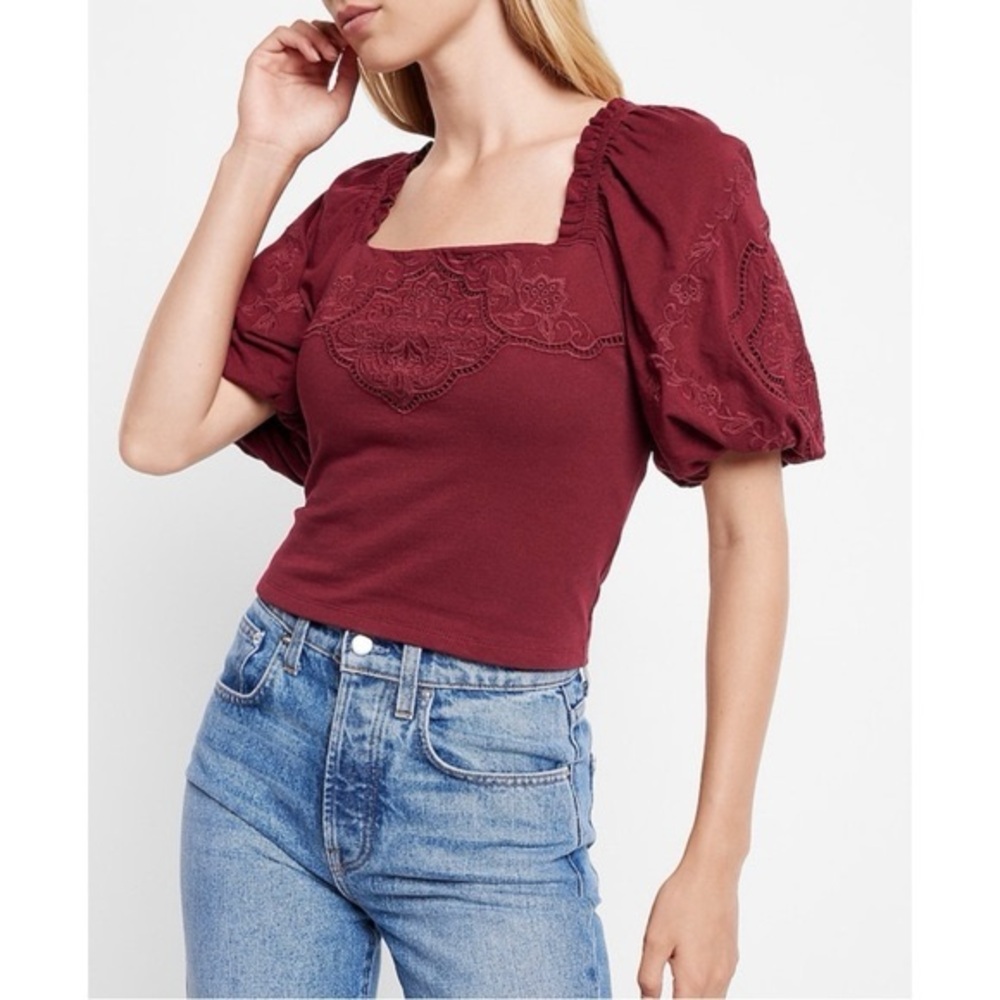 Express Burgundy Lace Puff Sleeve Blouse